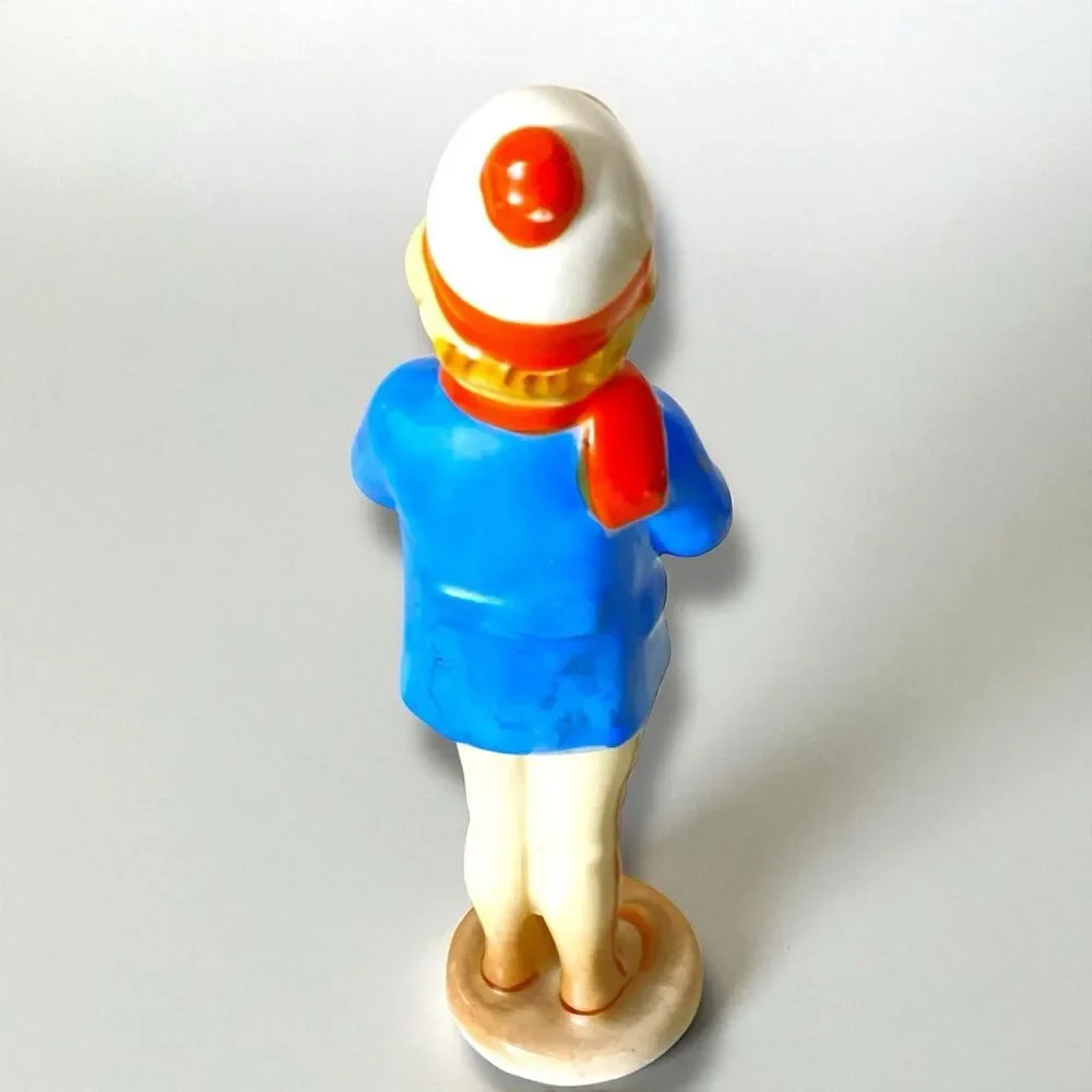 Winter Boy Ceramic Figurine Snow Hand Warmer Hat Pants with Buttons 1950's Japan